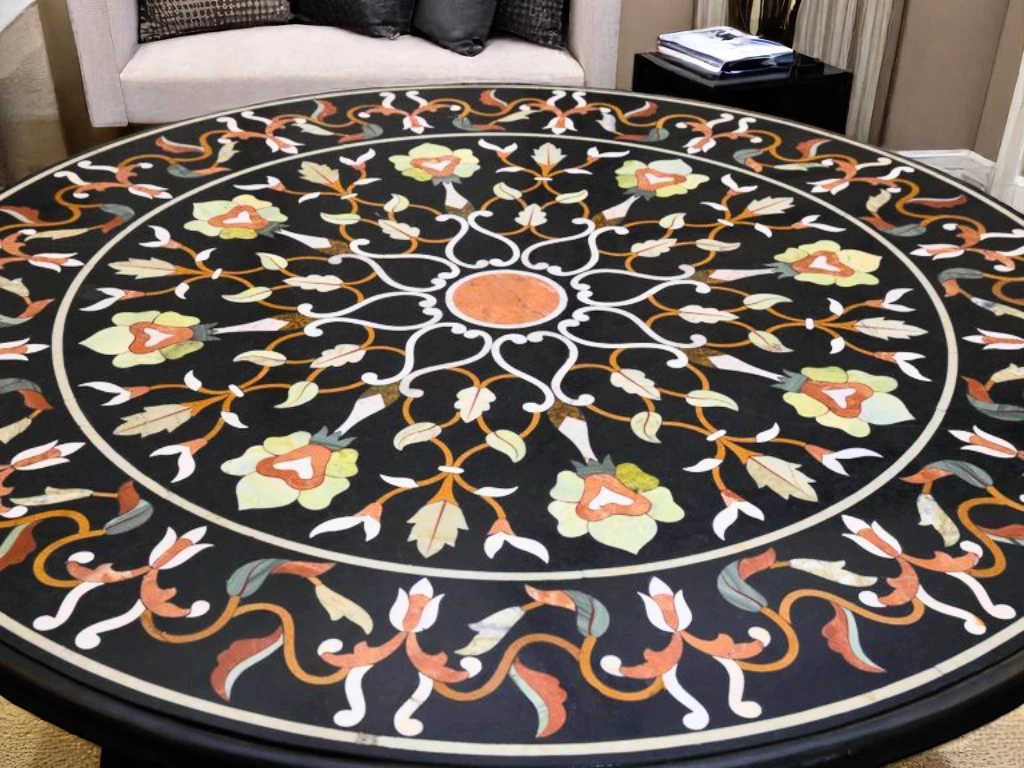 Black Marble Round Table with Floral Pietradura Inlay – Order Now